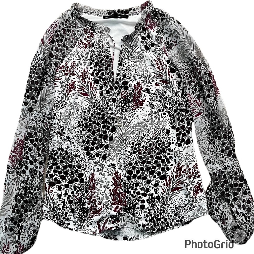 White, Black and Burgundy Blouse Medium